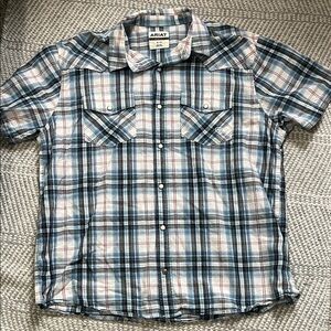 Ariat Men’s Short-Sleeve Teal and White Plaid Pearl Snap